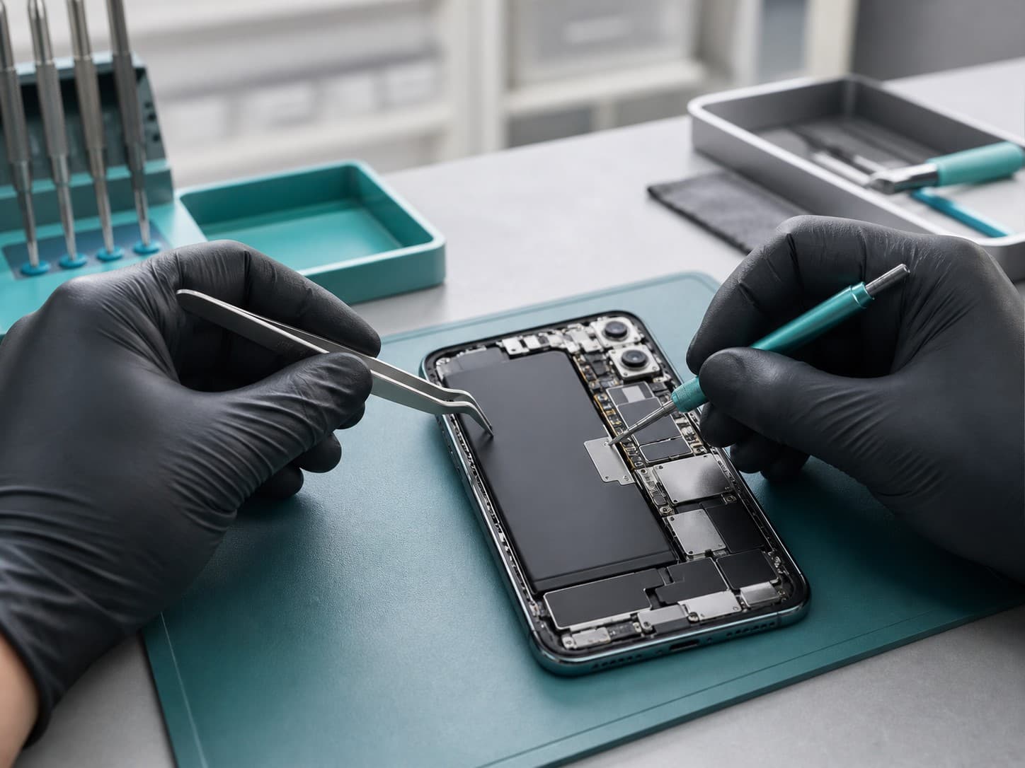 Reparo de smartphone em bancada técnica