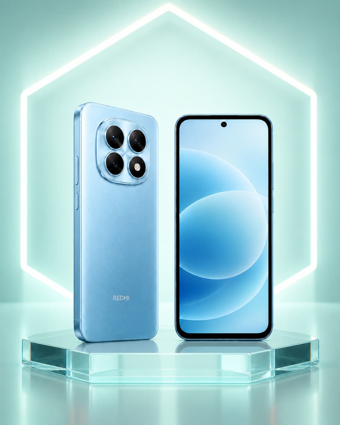 Redmi Note 15 azul, frente e verso, sobre um pódio de vidro